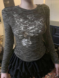 Retro Personality Hole-Breaking T-Shirt Girl 2025 Autumn Ins Print Collar Long-Sleeved