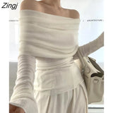 Style Sweaters Women Chic Spring Slash Neck Elegant Cozy Long Sleeve Knitwear Slim Fashion Ladies Daily All-match