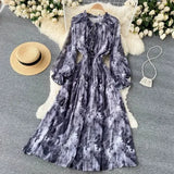 Senior Sense Women's Elegant Print French Dress To The Waist Thin Bubble Sleeve Super Fairy Large Swing