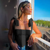 Tank Tops Women Sleeveless Square Collar Camisole Casual Backless Crop Top Bandage Patchwork Summer Asymmetric
