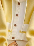 Style Yellow Splicing Hood Design Sweater Coat Knitted Cardigan Showing Lean Long Sleeves Loose Casual