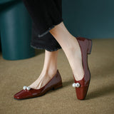 Pearl Flats For Women's Spring / Summer 2025 Soft Leather Patchwork Color With Skirt Square Head Light Mouth Single Shoes Red Single