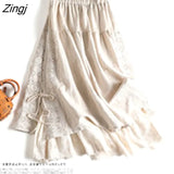 Embroidery Linen Cotton Long Skirts Women Summer Elastic High Waist Pleated Maxi Skirt Female Elegant Beach A-Line