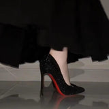 Red-Soled High-Heeled Women's Spring And Autumn 2025 New Black Fine Heel Sexy Sharp Head Beauty Professional Temperament Single