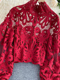 Lace Hollow Out Short Blouse Casual Lantern Long Sleeve Stand Collar Shirts Female Elegant Red/Pink/White Loose Tops