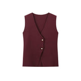 Women's Clothing 2025 Summer Solid Color Trim Gold Button Knitted Vest Top + Half Skirt