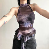 Zingj 2024 New Women's Half High Collar Flounce Sleeveless Print Mesh Slim Small Vest-Outfit