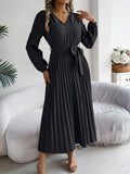 Autumn And Winter Temperament Elegant V-Neck Button Tie With Big Swing 100 Folds Long Dress Dress Women's