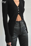 Streetwear Fashion Black Knit Cardigan for Women V Neck Buttons Sexy Autumn Sweater Slim Basic Knitwear Elegant