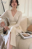 Knitted Sexy V-Neck Bandge Midi Dresses Female Fashion Elegant Long Sleeve Bodycon Dress for Women Robe Autumn 2023
