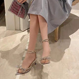 Zingj Summer Sandals Women's New Pointed Rhinestone Bow One Word Button Belt Sexy High Heel Plus Size Women's