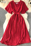 Women Purple/Red/Green Bandage Pleated Midi Dress Female Vintage V-Neck Short Sleeve High Waist A-Line Draped