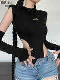 Women Black Bodysuits Fashion Streetwear Appliques Hooded Tops With Cuff 2023 New Spring