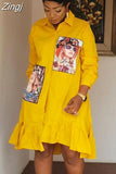 Autumn Fashion Yellow Print Pleated Dress Casual Cute Women Beading Shirt Dresses Long Sleeve Big Size