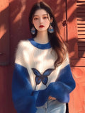 Early Autumn New Sweater Small Korean Languid Wind Hit Klein Blue Butterfly Print Knitting