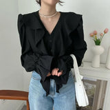 Zingj Update Chic Fall French Temperament V Neck Flounce Horn Sleeve Design Sense Versatile Shirt Top-Outfit