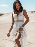 Dress Women Summer Sleeveless Dress Female Solid Lace V Neck Sundress Ladies Hollow Out Beach Dress Vestidos De