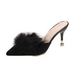 Large-Size Hairy High Heel Shoes Female Tip Fine Heel Bun Head Half Drag Sexy Fashion Wear Cold