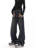 Zingj New Niche Design Contrast Jeans Women's High Street Blue Fur Mop Wide Leg