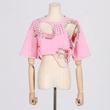 Zingj Fashion Wind Top 2024 New Fashion Round Collar Hole Pin Design Sense Short T-Shirt