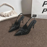 Women 2025 Summer New Sexy Pointed Wine Red Bow Bow Head Thin Heeled French