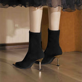 High-Heeling Short Boots Women 2025 Autumn And Winter New Black Metal Head Fine And Elastic Velvet Face Thin Socks