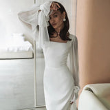 Zingj New French Temperament Square Collar Stitching Mesh Micro Through Horn Sleeve Waist Show Thin Pure Color Fish Tail Dress-Outfit