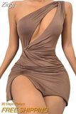 Sexy Women One Shoulder Dress Solid Color Hollow Out Ruched Slit Bodycon Mini Short Dress Night Club Wear