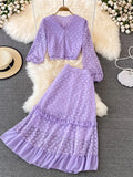 Lace Two Piece Set Vintage V-Neck Puff Long Sleeve Short Blouse + High Waist A-Line Ruffle Skirt Female