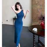 Zingj Pat Yujie Style Temperament, Sexual Oblique Shoulder Dress, Advanced Sense, Slim, Hip-Covered Knitted