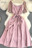 Vintage Women Lace Patchwork Midi Dress Elegant Square Collar Short Puff Sleeve Big Swing Casual Vestidos Female 2023