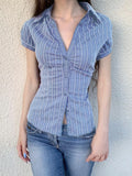 Commute Wind Fashion Stripe Buckle Bubble Sleeve Top Hottie Temperament Folding Braid