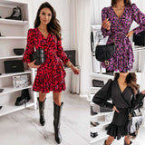 Women's Dress European Station Spring And Autumn Print V Collar Waist Long-Sleeved