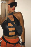 PU Leather Buckle Sexy Crop Top Women Club Wear Rave Outfit Festival Clothing Backless Halter Tank Tops Spring