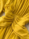Autumn Women Irregular Ruffle Draped Midi Dress Vintage Yellow/Blue/Red O-Neck Puff Long Sleeve Vacation Beach Robe