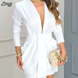 Autumn Women Ball Gowns Deep V Neck Long Sleeve Plunge Ruched Party Dress Office Lady Wear White Wrap Mini Bodycon