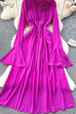 Vintage Purple/Green/Orange Long Dress Women Elegant Stand Collar Flare Sleeve High Waist A-Line Slim Tie Flower
