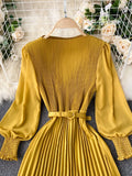 Women Pleated Long Dress Female Elegant Lantern Long Sleeve High Waist Red/Purple Draped Maxi Vestidos Spring Autumn