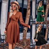 Autumn And Winter Casual Women's Fashion Solid Color Waist Splicing V Collar Dress