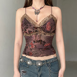 Girls Retro Print Small Slings New Mesh Lace Spliced V-Neck Vest