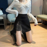 Black Side Split Rhinestone Fringe Mini Skirt- Outfit