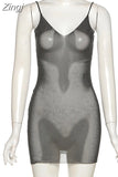 Women Rhinestone Glitter Sheer Mesh Dress Spaghetti Strap V Neck See Through Sequin Mini Dress Shiny Cover Up