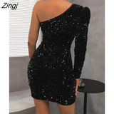 Autumn Sequins Shiny Women Dress Black Sexy Off Shoulder Evening Mini Dress Femme Skinny Elegant Party Clubwear