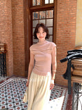 Xixi 2025 Autumn New Temperament Pure Color Round Collar Hollow Knitted Shirt Toped Women