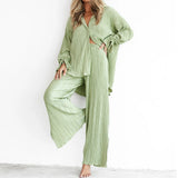 Women's 2025 Spring New Fashion Set Rolled Shirts Long Sleeves Open Pajamas Two-Sleeve