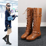 Large-Size Knight Boots Women Low And Flat Bottom Round Head Belt Buckle Cross-Tie