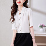 Shirt Women Satin Vintage Shirts OL Basic Blouse Women Short Sleeve Blouses Silk Fashion Women's Clothing Solid Women