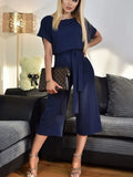Summer Fashion Short-sleeved Women's Jumpsuit with Waist Button Cropped Trousers Temperament Commuter Office Women's