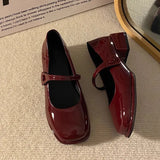 Mary Jane Small Leather Shoes Spring And Spring 2025 New Wine Red Buckle With Square Head Thick Heel French Single