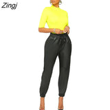 Drawstring PU Leather Joggers Pants Women Harem Trousers Solid Color High Waist Slim Long Pants Elegant Lady